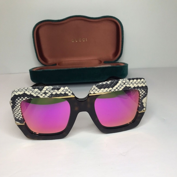 💯 Original Gucci 0484 Havana Pink Snake Fantasy Leather Fashion Oversized Sungl - Picture 1 of 15
